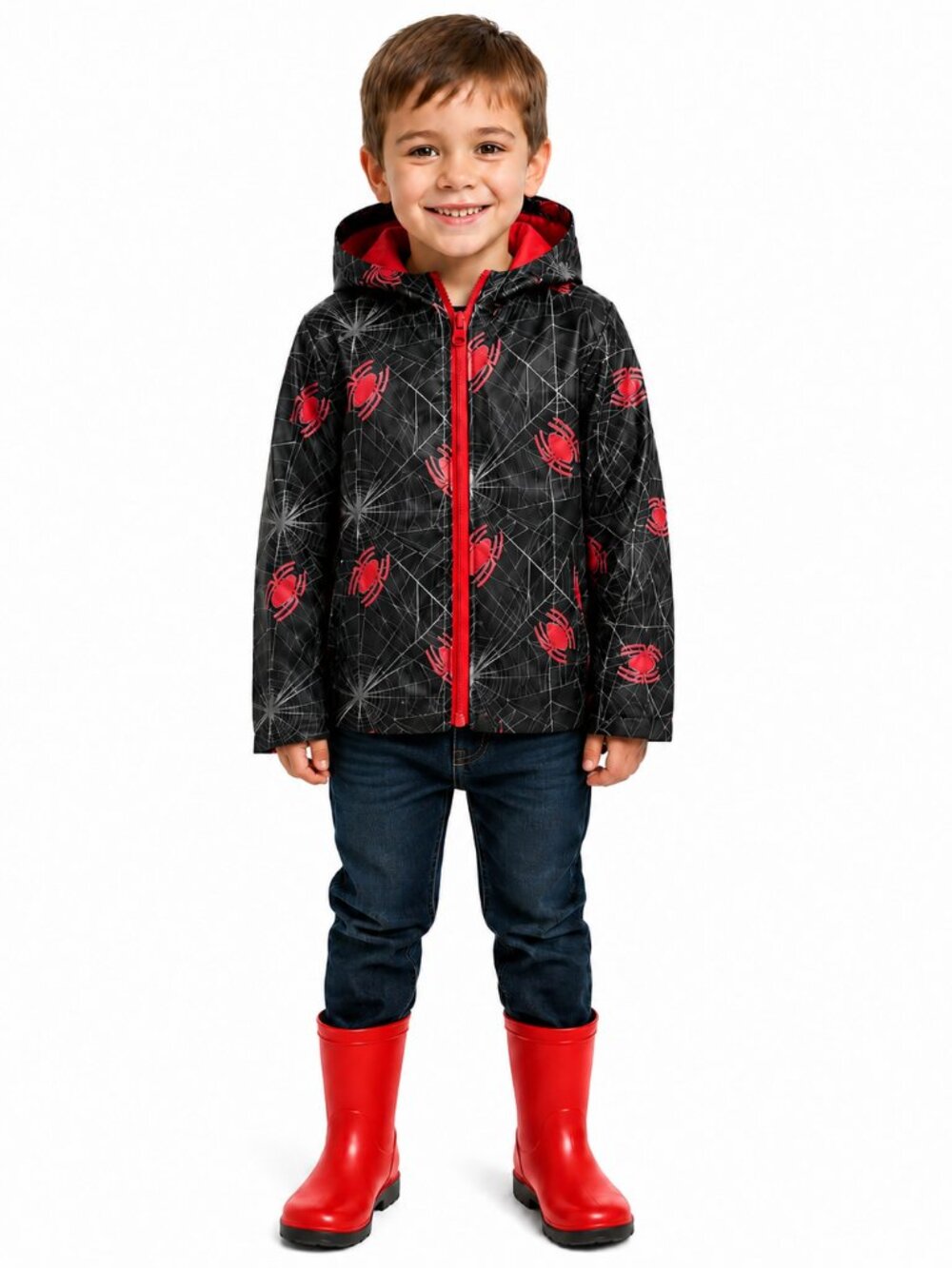 Marvel Spiderman Rain Jacket Boys Size 5T Fleece Lined Hooded Waterproof Black R